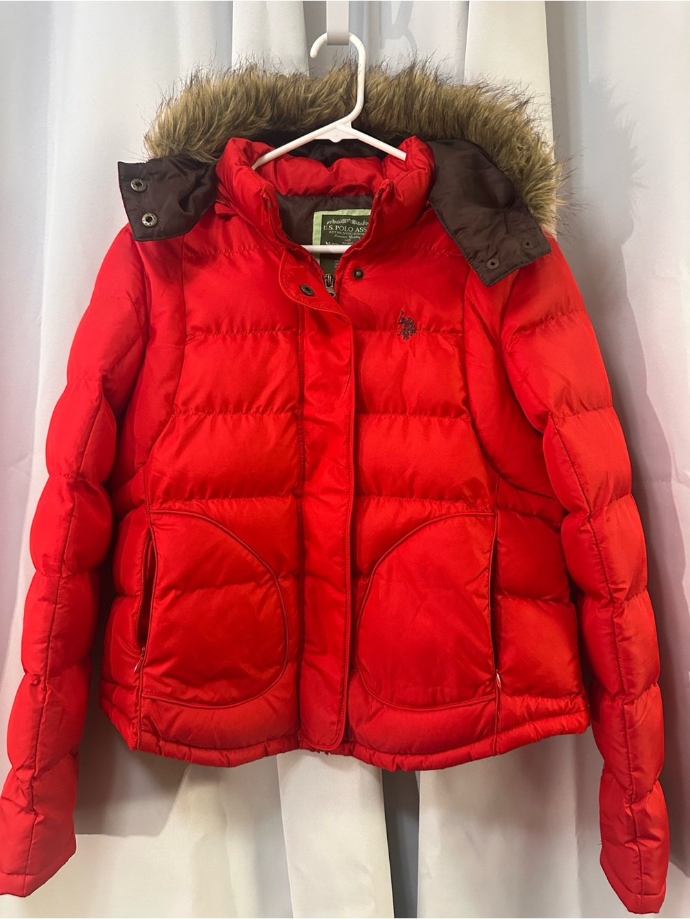U.S. Polo Assn. Red Kids Puffer Jacket with Faux Fur Trim Hood